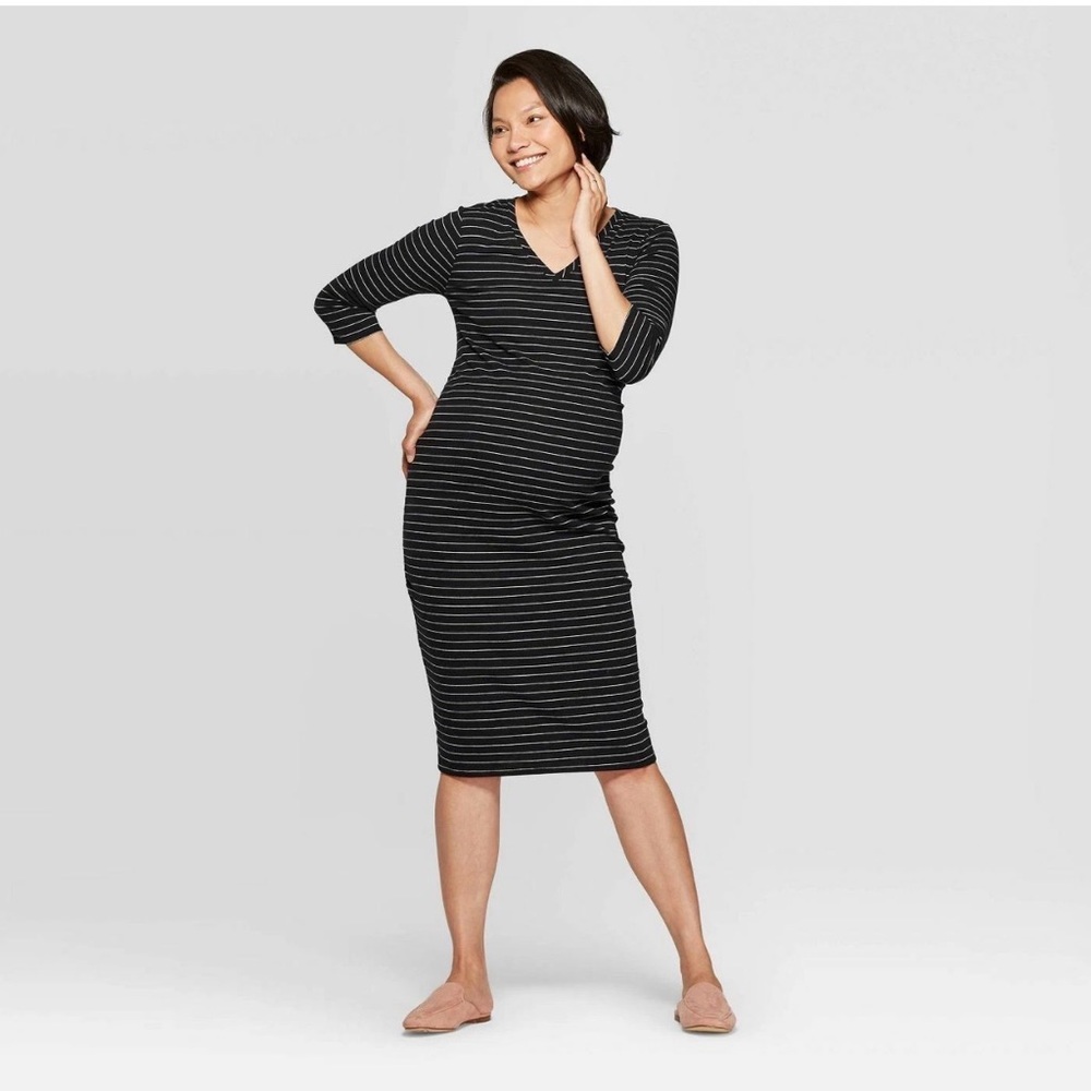 Isabel Maternity Striped 3/4 Sleeve Ribbed Ruched Maternity Dress size Large